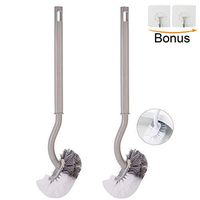 YAOYUE Bathroom Curved Compact Handle Toilet Bowl Brush Strong Bristles with 2 Pcs Bonus Adhesive Hooks(2 Pack) (2 Pack Gray)