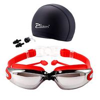Swimming Glasses UV Protection Non-Fogging Goggles Swim Cap Nose Clip Men&Women (Red)