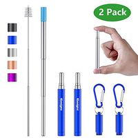 Tomight 2 Pack Reusable Straws,9.2” Portable Metal Stainless Steel Straws with Case Cleaning Brush Carabiner Silicone Tips Keychain Blue