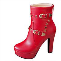 Clearance! Swiusd Women's Stiletto Boots Trendy Rivet High Thin Heele Strap Buckle Booties Warm PU Leather Autumn Single Shoes (Red, 8.5 M US)