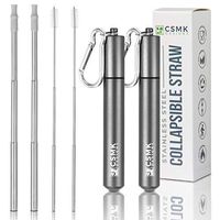 CSMK Designs Stainless Steel Straws: Reusable Metal Straw with Silicone Tips for Drinking - Tumbler Compatible Long Collapsible Metal Straws with Cleaning Brush & Keychain Travel Case - 2 Pack, Chrome
