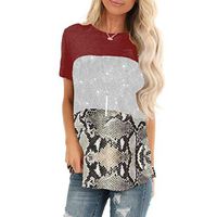 Meikosks Women's Color Block Short Sleeve T Shirt Leopard Sequin Tops O Neck Casual Blouses