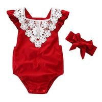 Toddler Baby Girl Romper Sleeveless Lace Jumpsuit+Headbands Outfits Set Red Tops (3-6 Months, Red)