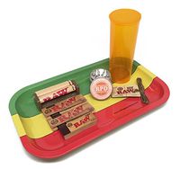 Bundle - 8 Items - Rolling Paper Depot Rolling Tray(Rasta), Rolling Paper Depot 42mm Grinder, Raw 1 1/4 Papers, 79mm Roller, Tips, Hemp Wick and Storage Container