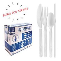 Compostable Cutlery | 150pc Biodegradable Utensils: 60 each Compostable Forks and Spoons, 30 Knives, 20 Bonus Eco Friendly Straws - CPLA Disposable Cutlery Set