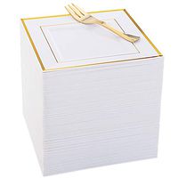 WDF Gold Plastic Plates with Plastic Forks-6” 100 Square Disposable Dessert Plates with Gold Rim&100 Gold Small Appetizer Forks