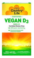 Country Life Vegan D3 5000 IU - 60 Softgels - 100% Plant-derived - Promotes Immune Health & Bones