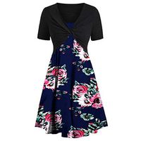 Womens Floral Print Midi Dresses Sleeves Bow Knot Bandage Suit Summer Casual Cover Up Vintage Straps Mini A-Line Tshirt Dress Loose Swing Flowy Pleated Floral Sun Dress