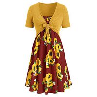Womens Sunflower Short Sleeve Midi Dresses Bow Tie Front Bandage Suit Summer Casual Cardigan Tops Straps Mini Tshirt Dress Loose Swing Flowy Pleated Floral Sun Dress
