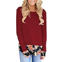 Beihxwe Women Vintage Elegant Floral Patchwork Casual Blouse Long Sleeve Crew Neck T-Shirt Tops Sweatshirt (XL, Wine Red)