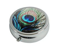 XingBoo Custom New Hot Round Silver Medicine Tablet Pocket Travel Pill Case Vitamin Glass Decorative Box (Peacock Feathers)