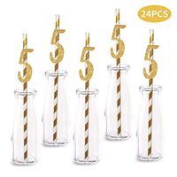 5th Birthday Paper Straw Decor, 24-Pack Real Gold Glitter Cut-Out Numbers Happy 5 Years Party Decorative Straws