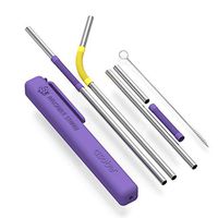 Asobu Reusable Metal and Silicone Flexible Straw with Cleaning Brush and Case (Purple/Yellow)