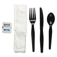 Boardwalk FKTNSHWPSBLA 6-Pc. Cutlery Kit Condiment/Fork/Knife/Napkin/Spoon Heavyweight, Black 250/CT
