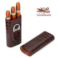 Time C club Top Quality Plus 3 -Sticks Brown Leather Cigar Case, Cedar Wood Lined, Cigar Cutter
