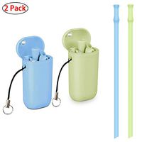 Collapsible Reusable Straws Drinking Silicone Foldable Straw with Case 2 Pack Blue Green