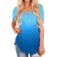 Meikosks Ladies Gradient Colour T Shirt Short Sleeve V-Neck Blouses Loose Tops Summer Tee Blue