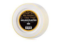 Disposable Plastic Salad Plates - 50 Pack Hard Round 7.5” Cream Plate with Elegant Gold Double Trim for Wedding, Birthday, and Party - by Elite Selection