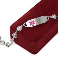 Medical Alert Bracelet for Women with Free Custom Engraving, Steel Heart-Link Chain CZ Stone, Pink Medic ID | Wrist Size 6.5 inch