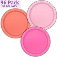 96 Paper Dinner Plates (9") - Light Pink, Coral, Hot Pink - 32 Per Color, 3 Colors - Great Assortment for Birthday Parties, Weddings, Holidays, Baby Shower, Celebrations, and more