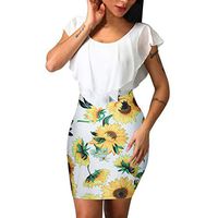Fudule Dress Womens Fashion Sexy O-Neck Short Sleeve Splicing Flower Printing Buttock Dress