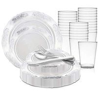 Disposable Plastic Dinnerware Wedding Value Set for 120 Guests - Includes Round Clear with Silver Dinner Plates, Dessert/Salad Plates, Silver Cutlery Set & Cups For Birthday Party & Other Occasions