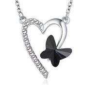 Women Black Crystal Rhinestone Heart Butterfly Silver Chain Pendant Necklace