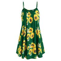 Womens Sunflowers Midi Dress Spaghetti Straps Loose Fitting Floral Printed Sun Dresses Summer Casual Tshirt Dress Flowy Pleated Sleeves Flowers Tank Dress