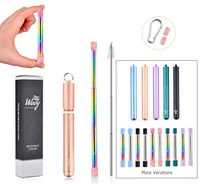 Wavy Pavement - Rose Gold - Rainbow Straw - Reusable Collapsible Metal Stainless Steel Drinking Straw With Case, 2 Silicone Tips, Keyring, Carabiner, Cleaning Brush, Folding, Portable - Eco Friendly