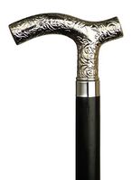 Walking Cane Lady's Silver Plastic Embossed Fritz Shaped Handle, Black Wood Shaft, 36" Long with Rubber tip.
