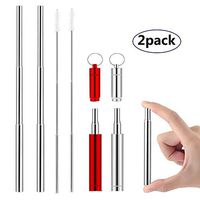 2 Pack - Portable Collapsible Reusable Drinking Straws - Telescopic Folding Stainless Steel Metal Straw with Aluminum Case & Cleaning Brush (Silver and Red)
