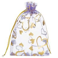 Lanswe 100 Pack Sheer Organza Drawstring Bags Heart Floral Print Jewelry Pouches Candy Gift Bags Wedding Party Favor Mesh Christmas Pouches (Lavender, 5''x7'')
