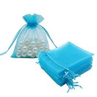 HRX Package 100pcs Organza Jewelry Drawstring Pouches Turquoise Blue, 3.9 x 4.6 inch Little Mesh Candy Bags Mini Sachet for Small Christmas Gifts Jewelry