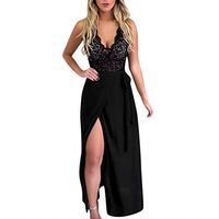 Clearance! Swiusd Womens Sexy Lace Embroidery Sheer Maxi Dresses Hollow Halter Trim Patchwork Solid Color Party Dresses (Black, S-US 4)