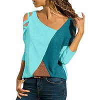 Women's Long Sleeve Tops Off Shoulder Patchwork Pullover Casual Loose T-Shirts Blouse Colour Matching Tunics Shirts Tops Blue