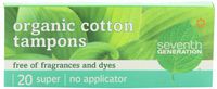 Seventh Generation Chlorine Free Organic Cotton Tampons, Super, non-applicator, 20-count packages (Pack of 12) (240 tampons)