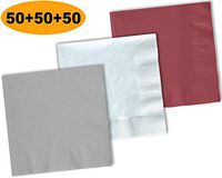150 Beverage Napkins, Shimmering Silver, Bright White, Burgundy - 50 Each Color. 2 Ply Paper Cocktail Napkins. 5" folded, 10" unfolded.