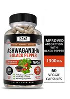 Kaya Naturals Organic Ashwagandha 1300mg, 60 Count Capsules for Stress Relief, Anti-Anxiety & Adrenal, Mood & Thyroid Support, Black Pepper and 100% Pure Ashwagandha (60 Capsules)