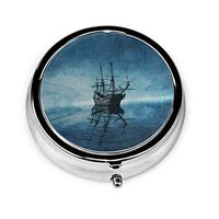Pill Box Organizer Compact 3 Compartment Daily Medicine Case Ghost Pirate Ship Starry Night Ocean Sea Designer Pill Case for Pocket or Purse