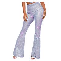 TIFENNY Silver Sequins Pants for Women Fashion Sexy Shining Hight Waist Elastic Slim Long Bell-Bottoms Pants Boot Cut Trousers