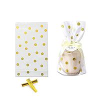 100 Pack Clear Cello Bags with Candy Cookie Bags 10 x 6 x 2.5 inch Clear Plastic Treat Bags Gold Polka Dot Candy Bags for Cookie Candy Snack Wrapping Party Favor with Gold Twist Ties