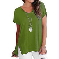 Theoylos Women's V Neck T Shirt Side Split Tunic Short Sleeve Ladies Loose Large Size T-Shirts Casual Tops Green