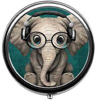 BeeGogo - Round Pill Case Decorative Boxes- Cute Baby Elephant Dj Custom Fashion Style Bronze Pill Box Case for Purse- 3 Compartments Pill Box/Pill Case Pocket