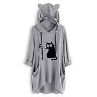 Women Casual Pullover Dress Long Sleeve Cat Hooded Tops Maxi Dresses Sweatshirt Coat Blouse with Pocket