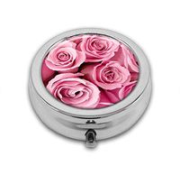 Pill Box,Pink Rose Pill Organizer with 3 Compartments Silver 2.1 Inches Portable Vitamin Pill Case for Pocket Purse