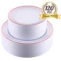 FOCUS LINE 120 pcs Plastic Party Plates White Rose Gold Rim, Disposable Heavey Weight Plates for Wedding, 60 Heavy Duty 10.25 Inch Dinner Plates and 60 Disposable 7.5 Inch Dessert Plates