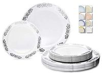 " OCCASIONS" 240 Plates Pack,(120 Guests) Vintage Wedding Party Disposable Plastic Plates Set -120 x 10.25'' Dinner + 120 x 7.5'' Salad/Dessert Plate (Portofino White/Silver)