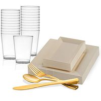 Disposable Plastic Dinnerware Set for 120 Guests - Includes Fancy Square Ivory Dinner Plates, Rectangle Dessert/Salad Plates Silverware Set/Cutlery & Cups For Wedding, Birthday Party & Other Occasions