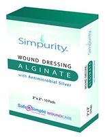 Simpurity Alginate Wound Dressing First Aid with Antimicrobial Silver, 2" x 2", Box of 10 – Calcium Alginate Dressing