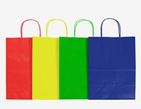 12CT Large Primary Biodegradable, Food Safe Ink & Paper Premium Quality Paper(Sturdy & Thicker),10" x13" x 4.75" Kraft Bag with Colored Sturdy Handle (Large, Primary)